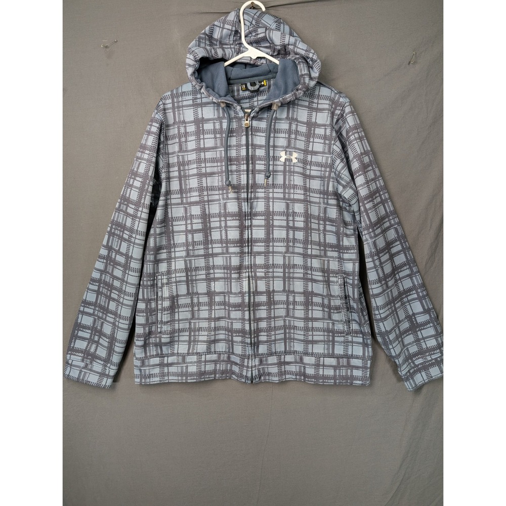 Under Armour Mens Large Full Zip Plaid Hoodie Blue Gray Fleece Lined 6259